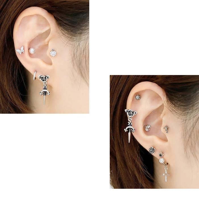 凛 RIN ボディピアス 薔薇 剣 軟骨 16G フラワー 花 バラ 片耳用