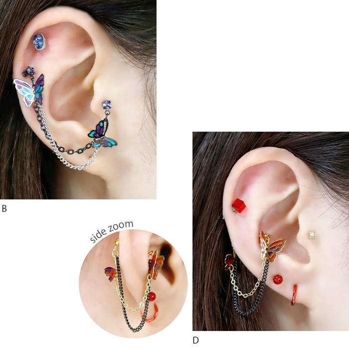 凛 RIN キャッチ ボディピアス 蝶 軟骨 2連チェーン 16G 18G