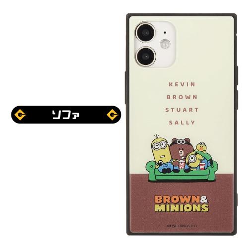 送料無料 BROWN&MINIONS iPhone12mini対応スクエアガラスケース MINI-277 /集合 ソファ 総柄 ミニオンズ | gourmandise | 02