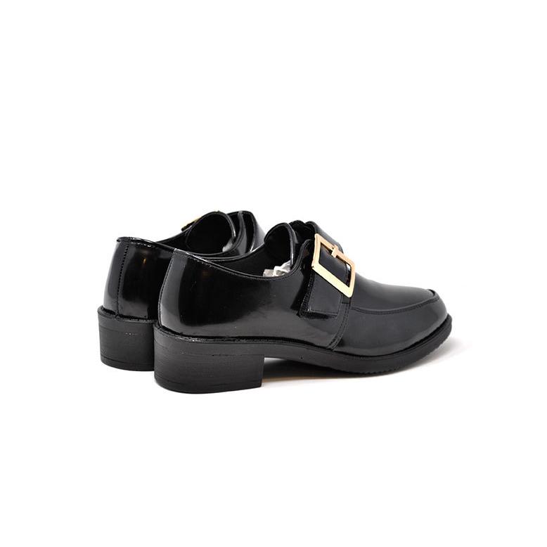 ブラックレザー バックル付きシューズ レディース ローファー マニッシュ 靴 シューズ 7666 ブラックエナメル