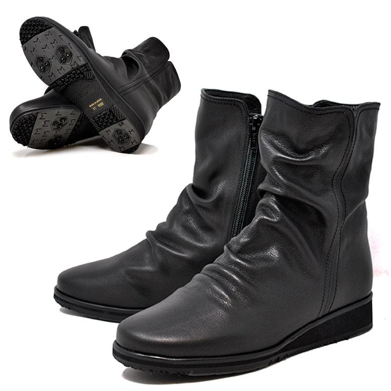 滑りにくいブーツ 本革ブーツ ショート レディース ブラック 黒