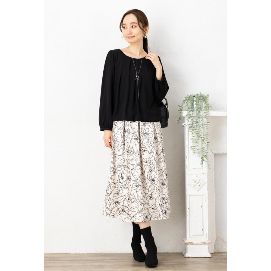 SALE30) 微 起毛 線画 花柄 スカート ロング 丈 タックスカート SALE30) 微 起毛 線画 花柄 スカート ロング 丈 タックスカート
