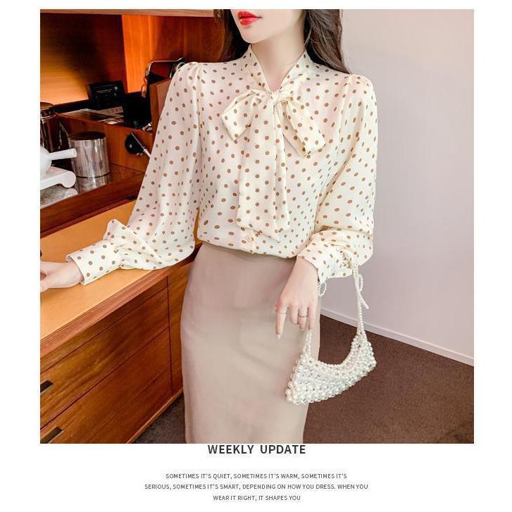 ドットブラウス 水玉 シフォンブラウス リボンボウタイブラウス