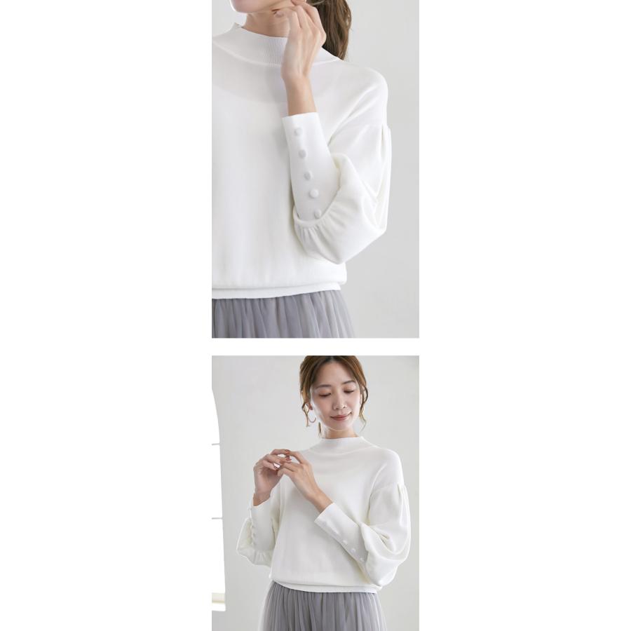 ニット バルーンスリーブ 袖ボタン ぽわん袖 モックネック 長袖