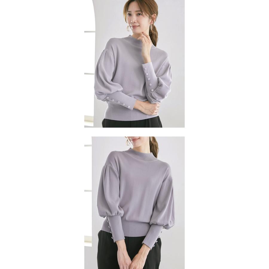 ニット バルーンスリーブ 袖ボタン ぽわん袖 モックネック 長袖