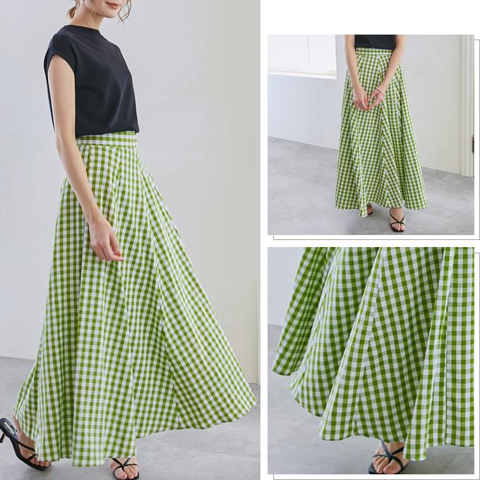在庫処分 スカート マキシ丈 レディース ギンガムチェック フレア