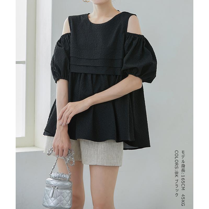 肩出し ペプラムトップス オープンショルダージャガードトップス 肩