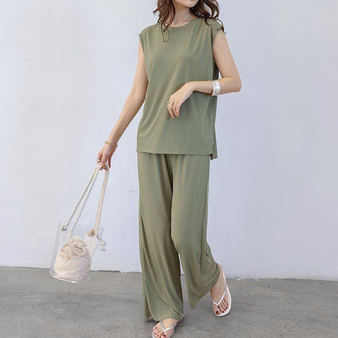 買い取り セットアップレディース ガウチョパンツ ノースリーブ 夏用 ワンピース 通気性 接触冷感 ロングパンツ Aynaelda Com