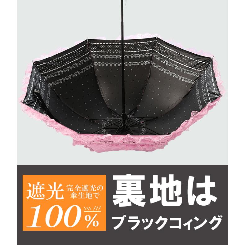 爆買WEEK 完全遮光 3段折りたたみ レース付き 3段折傘 日傘 フリル