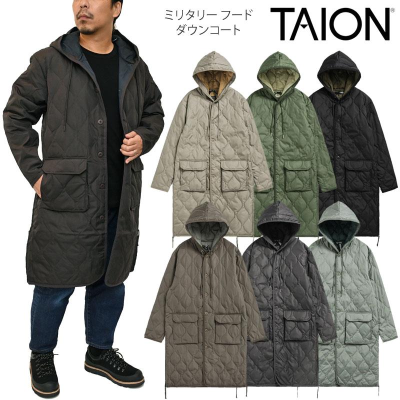 TAION ミリタリー フード ダウンコートM ブラック/オリーブ TAION（タイオン） ダウン メンズ レディース ミリタリー フード