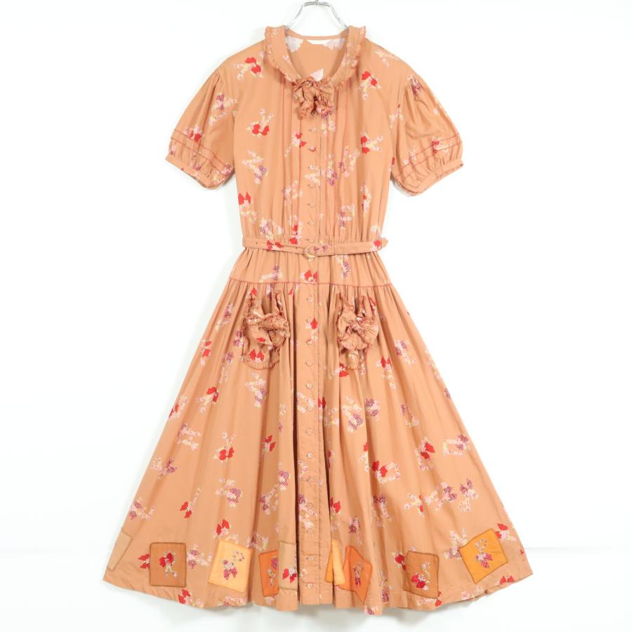 ピンクハウス☆ワンピース 薄オレンジ系 パッチワーク&リボン付き  