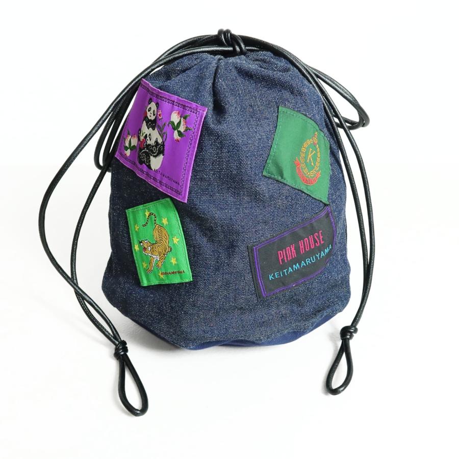 ピンクハウス×ケイタマルヤマ★ネームワッペン デニムBAG トラ＆パンダ　インディゴブルー系　＊ｋ3951 ピンクハウス×ケイタマルヤマ☆ネームワッペン デニムBAG トラ＆パンダ