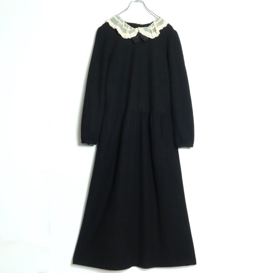 ピンクハウス　ワンピース　丸襟レース　ピコフリル　レース　ドット　リボン　黒 ピンクハウス☆ウールのワンピース ドット付チュールレース襟♪黒系