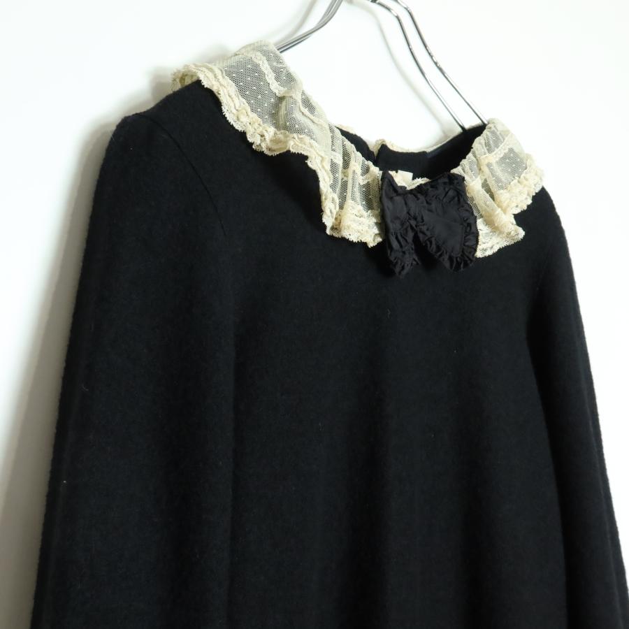 ピンクハウス☆ウールのワンピース ドット付チュールレース襟♪黒系