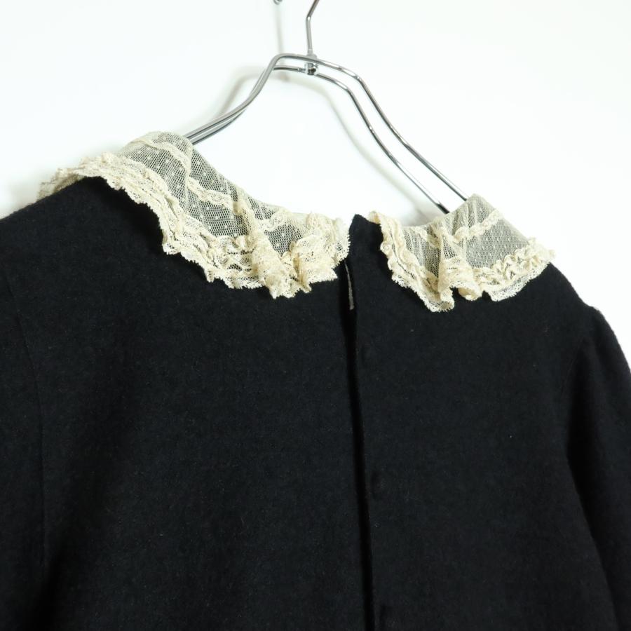 ピンクハウス　ワンピース　丸襟レース　ピコフリル　レース　ドット　リボン　黒 ピンクハウス☆ウールのワンピース ドット付チュールレース襟♪黒系