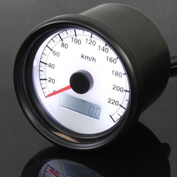 バイク用 機械式 240km/h 60mm LEDスピードメーター ブラック ボディ ホワイト パネル 黒 白 60ミリ φ60 60パイ 車速