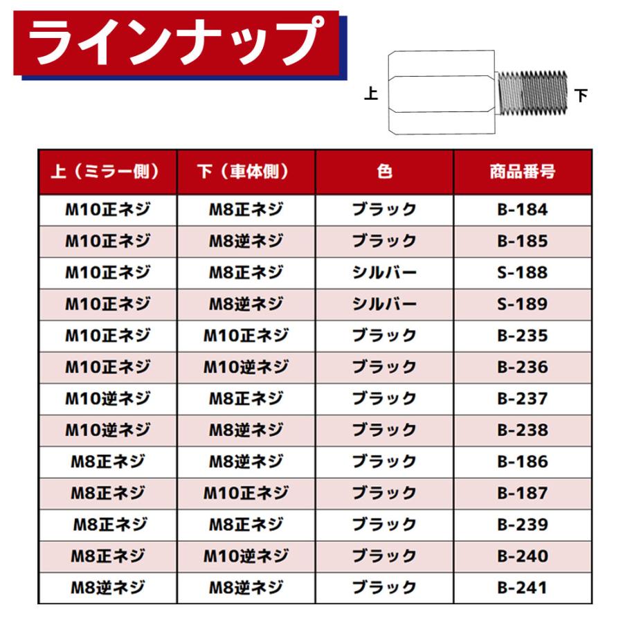 ミラー アダプター(ミラー側 正 8mm 車体側 正 8mm P1.25) ネジ バイク 汎用 1本 ネジサイズ変換 変換プラグ ブラック 簡単 交換 補修 B-239｜rise-corporation-jp｜05