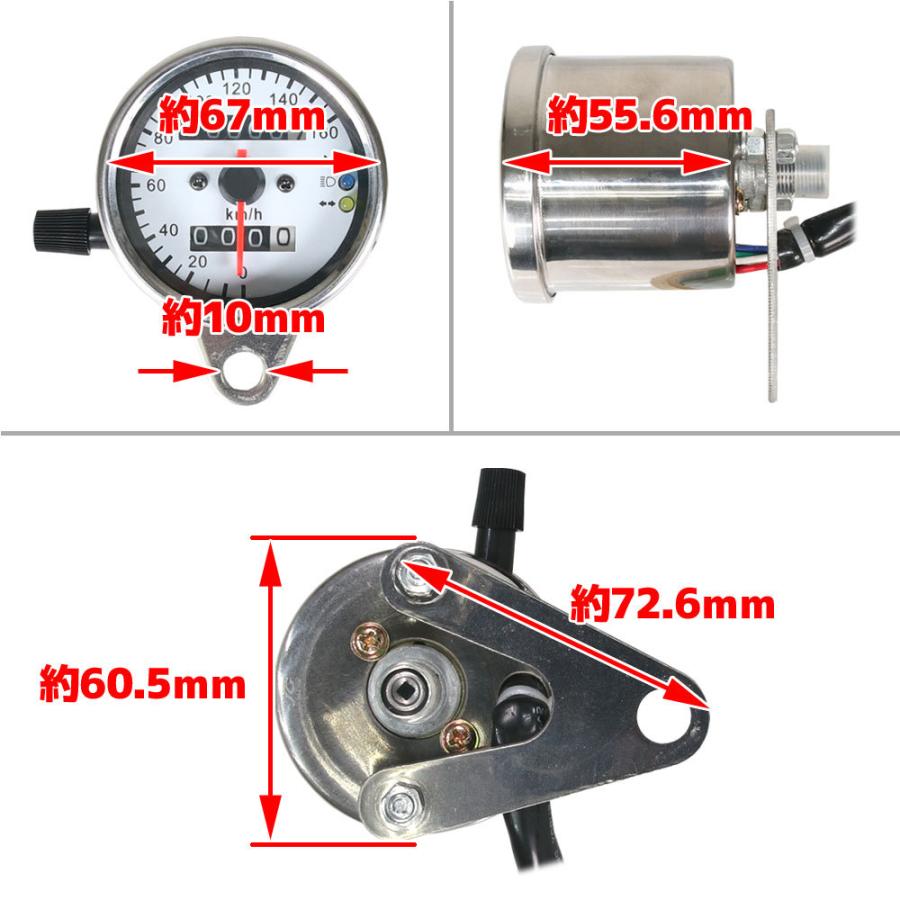 汎用 バイク 機械式 スピードメーター 速度計 60mm 160km/h 3連 ステー・LEDバックライト付 ホワイト パネル ライト 夜光表示 ウィンカー DC12V 160km/h｜rise-corporation-jp｜05