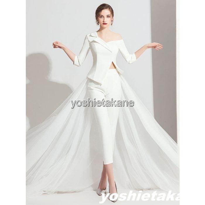 3色 パンツドレス 白 ウェディングドレス パンツ 二次会 花嫁ドレス 結婚式 ドレス パーティードレス パンツ おしゃれ 個性的 かっこいい アシンメトリー 袖あり メルカリ