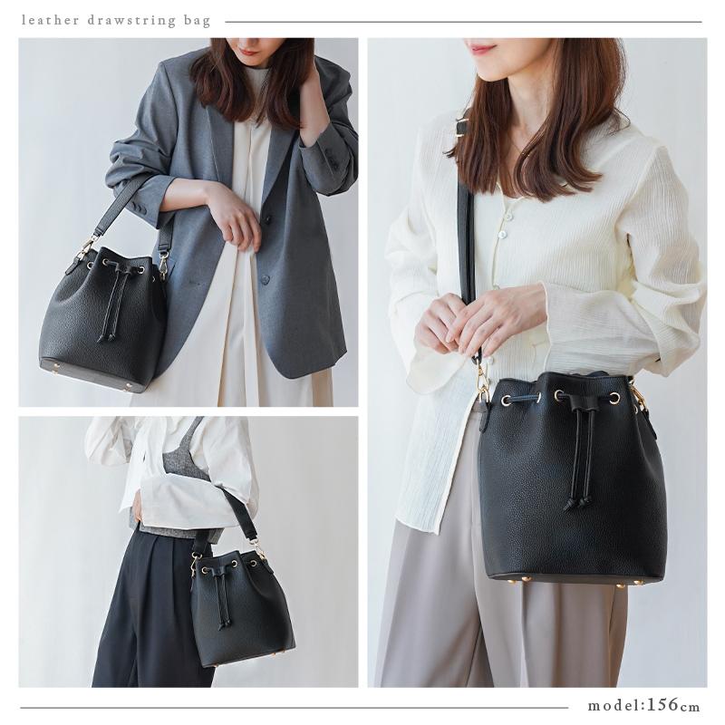 バケツ型巾着バッグ 2way レザー 斜め掛け 黒 大容量 軽量 巾着