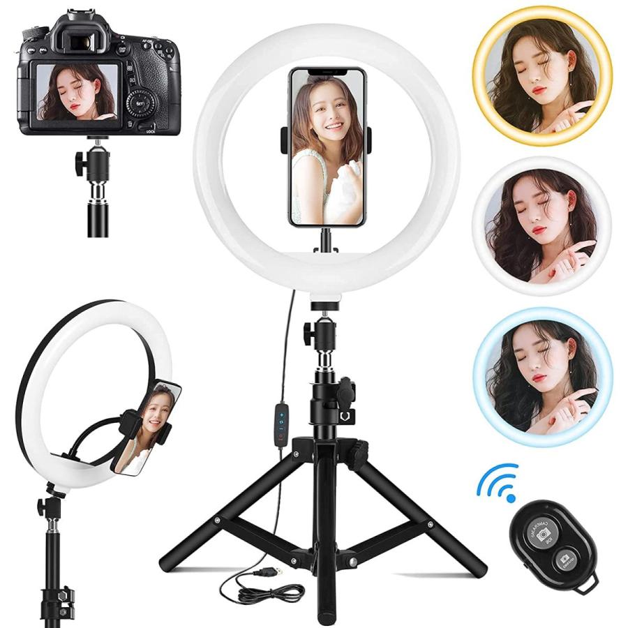 撮影用ライト スマホ用 スタンド式 LEDリングライト 3色モード