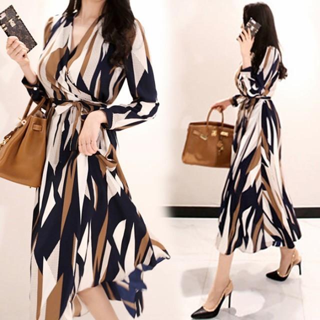 総柄ラップワンピース ラップワンピース ワンピース 柄ワンピース ロングワンピース 長袖ワンピース ｖネック ロング マキシ 長袖 通勤 大人 O Lyq 0257 リシン株式会社 ヤフー店 通販 Yahoo ショッピング