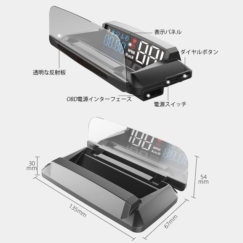 送料無料 OBD2 HUD ヘッドアップディスプレイ 後付け 反射投影 追加メーター 多機能 タコメーター 水温計 スピードメーター OBDII サブメーター 警告機能｜risin777｜03