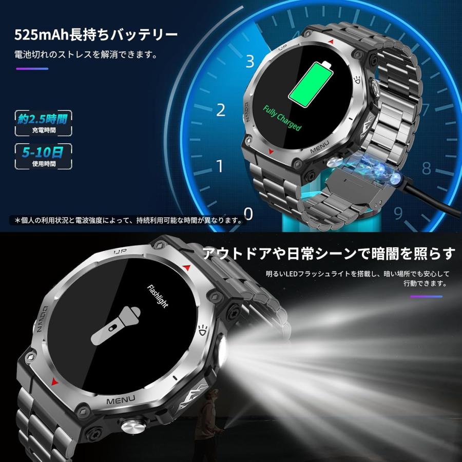 スマートウォッチ 最新軍用規格 Bluetooth通話 Line/メッセージ通知
