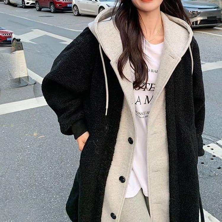 レイヤードボアコート フェイクレイヤードのラムズウール製フード付き