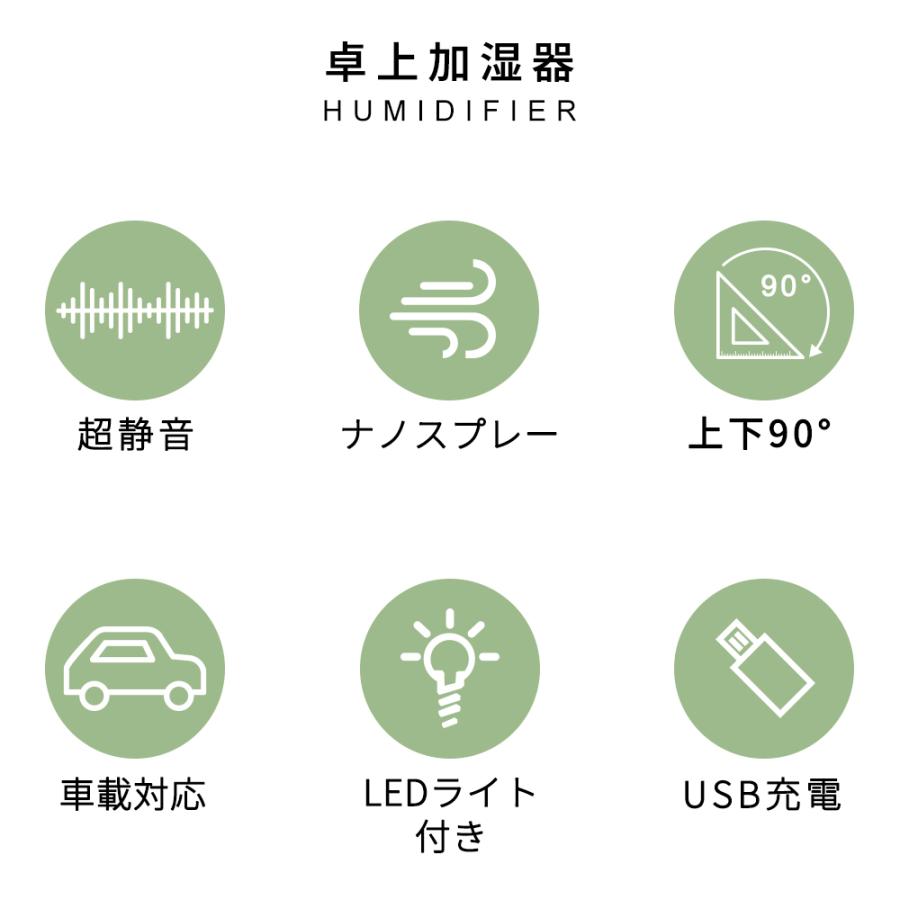 cicibella シシベラ 加湿器 卓上 超音波式 小型 超静音 上下90° USB充電式 空焚き防止 LED ライトアップ ナノスプレー 260ml コンパクト 軽量 部屋 オフィス｜ritafortuna｜07