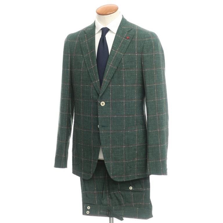 イザイア ISAIA CORTINA コルティナ ウールシルクリネン チェック 2つボタンスーツ グリーン×レッド×ホワイト 48[EPD]