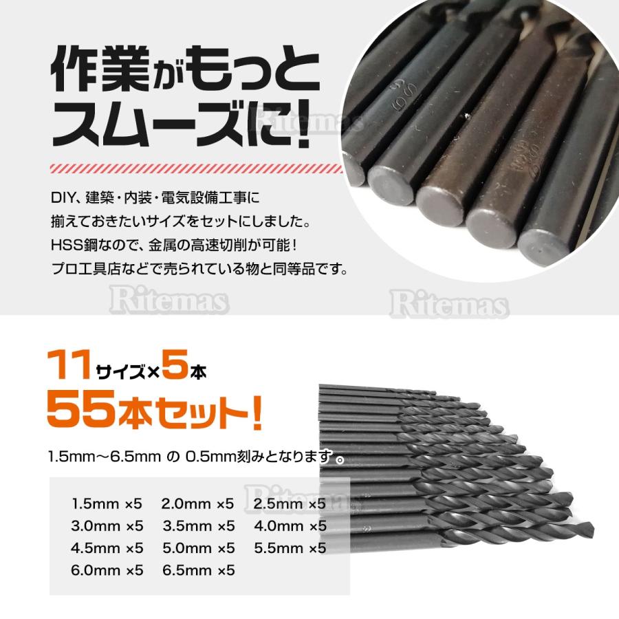 HSS 鉄鋼用 1.5mm〜6.5mm ドリル キリ ツイスト 大容量 55本 セット 各