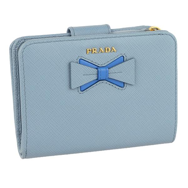 超美品✨️PRADA 2つ折り 財布 青 リボン 革 金具 PRADA（プラダ） 財布 折財布 二つ折り リボン アウトレット 1ml018