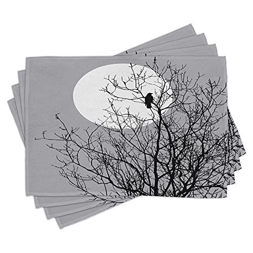【再入荷！】 Lunarable Crow プレースマット 4枚セット 満月の葉っぱの木の枝に座ったカラス スカイイラスト 洗える生地 ダイニングルーム キッチン ランチョンマット