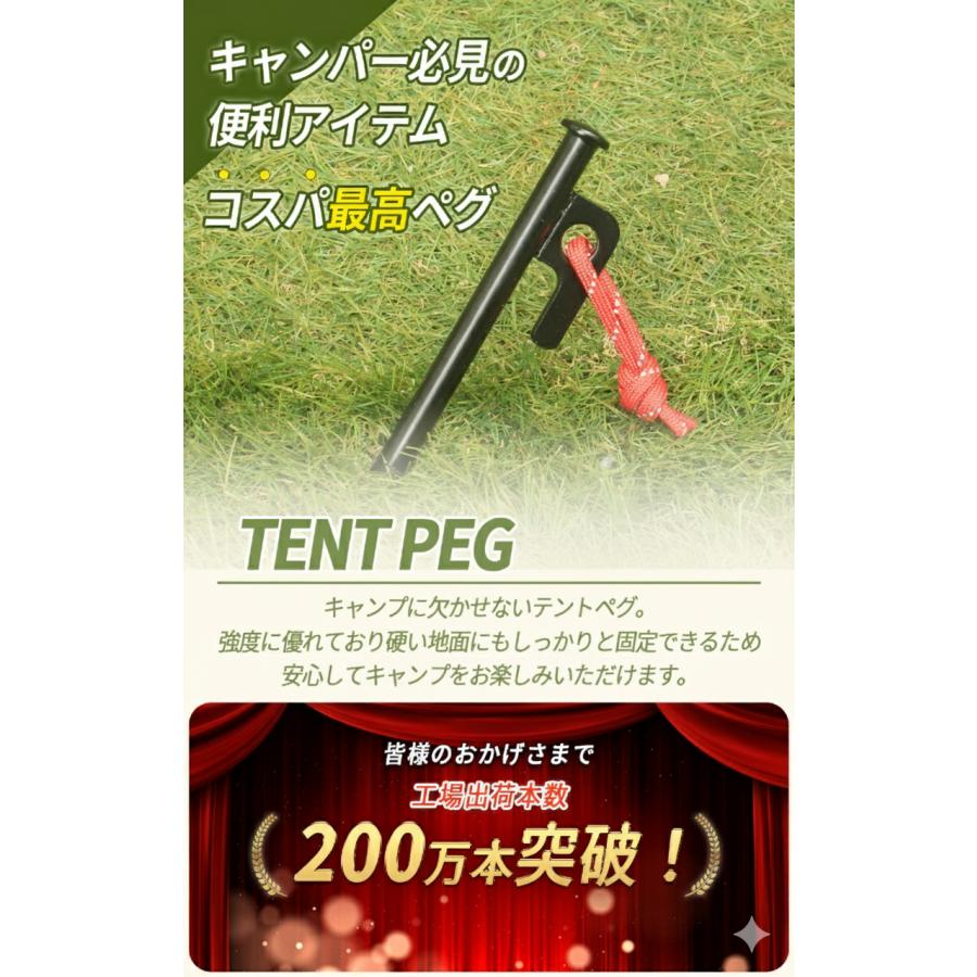 ペグ 30cm 収納バック 安全キャップ 付き 30センチ スチールペグ 反射ロープ 大容量 帆布バッグ ソリッド 12本 16本 24本 鍛造 鋳造 RiveRock リバロック |  | 06