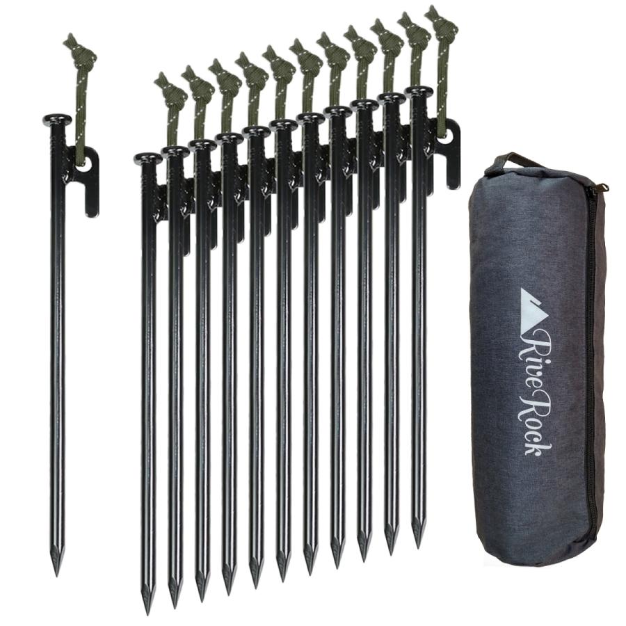 RiveRock(リバロック) 30cm ペグ 収納 バック テント タープ スチールペグ 反射ロープ 緑　12本セット | 