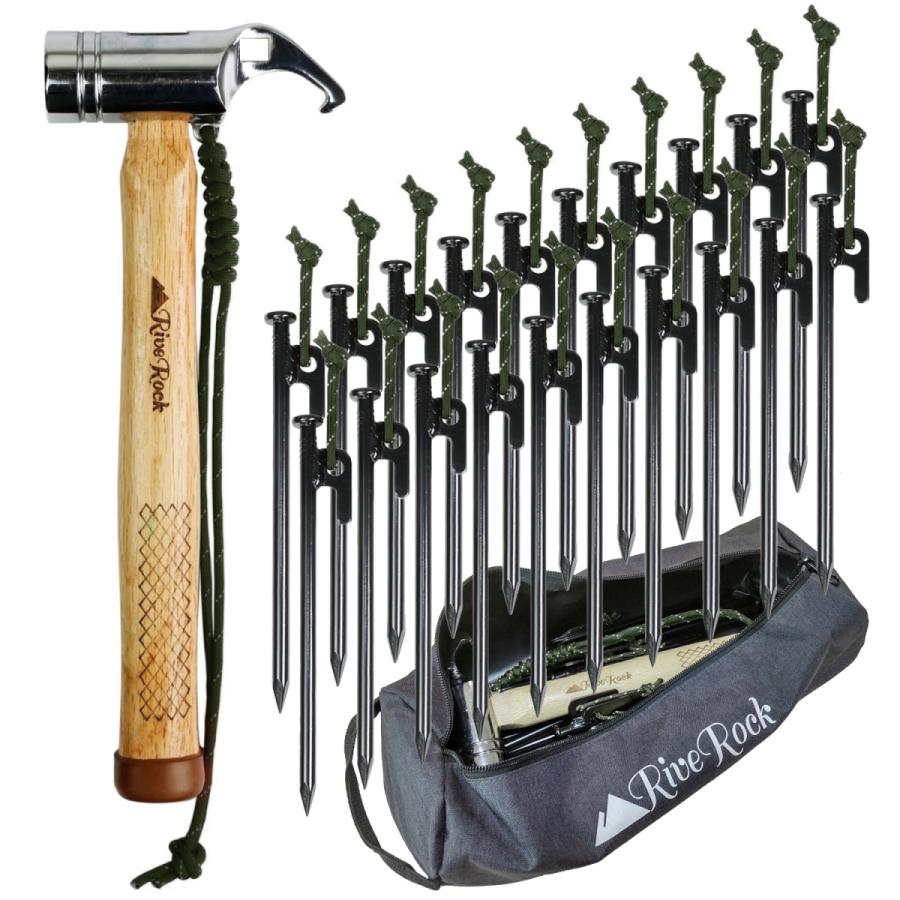 RiveRock (リバロック) ペグハンマー スチールペグ 20本 セット 緑 収納袋 夜光ロープ 強靭 テント設営 タープ設営　ペグ | 