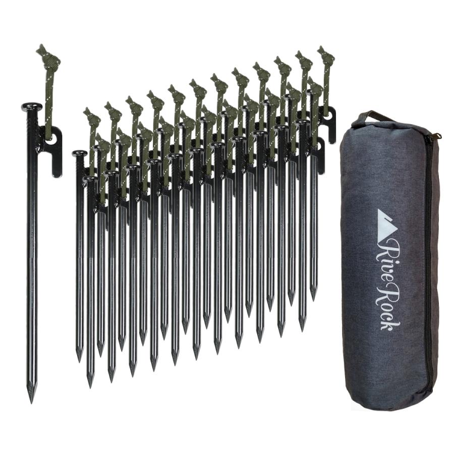 RiveRock(リバロック) 20cm ペグ 収納 バック テント タープ スチールペグ 反射ロープ 緑　24本セット | 