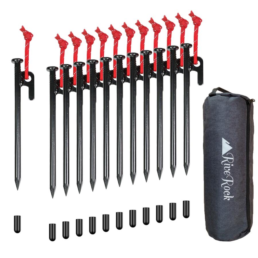 ペグ 20cm 収納バック 安全キャップ 付き 20センチ スチールペグ 反射ロープ 大容量 帆布バッグ ソリッド 12本 16本 24本 鍛造 鋳造 RiveRock リバロック |  | 01
