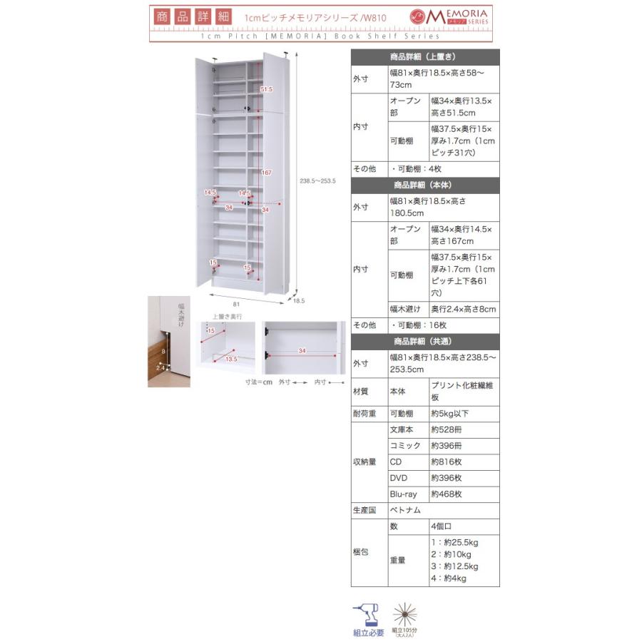 自在ラック 扉付き 薄型可動棚 MEMORIA 棚板が1cmピッチで可動する 薄型扉付幅81 上置きセット アウトレット価格｜riverp｜06