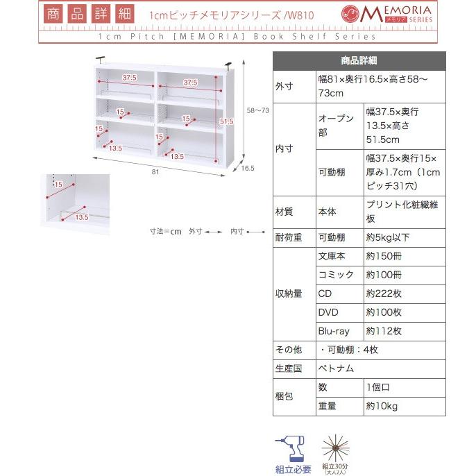 自在オープンラック 薄型可動ラック MEMORIA 棚板が1cmピッチで可動する 薄型オープン上置き幅81 アウトレット価格｜riverp｜06