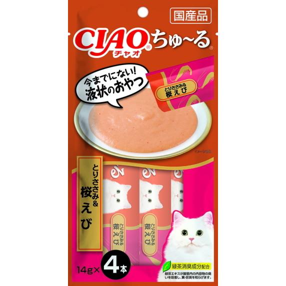 いなばペット】チャオちゅ〜る とりささみ&桜えび 14gx4本 いなばペット】チャオちゅ〜る とりささみ&桜えび 14gx4本