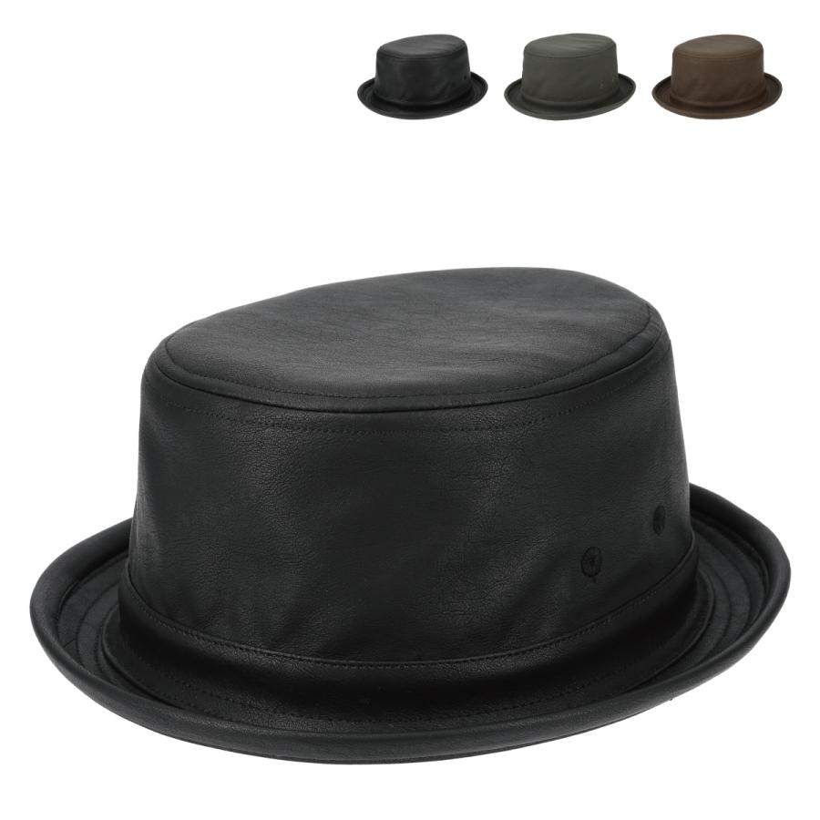 ベーシックエンチ Fake Leather Porkpie 帽子 ハット 抗菌 消臭 ポークパイ フェイクレザー エコレザー ヴィンテージ 定番 メンズ レディース フリーサイズ | Basiquenti