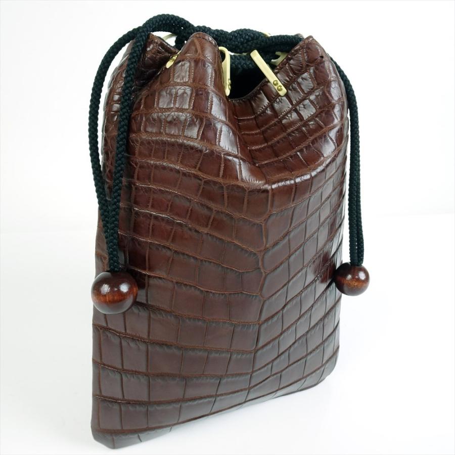 新品 クロコダイル 巾着 ポーチ バッグ 祭り 信玄袋 祭り クロコ 茶
