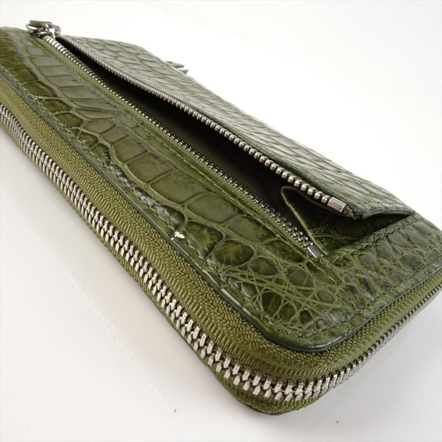 新品 クロコダイルレザー 長財布 モスグリーン 深緑 マット ラウンド