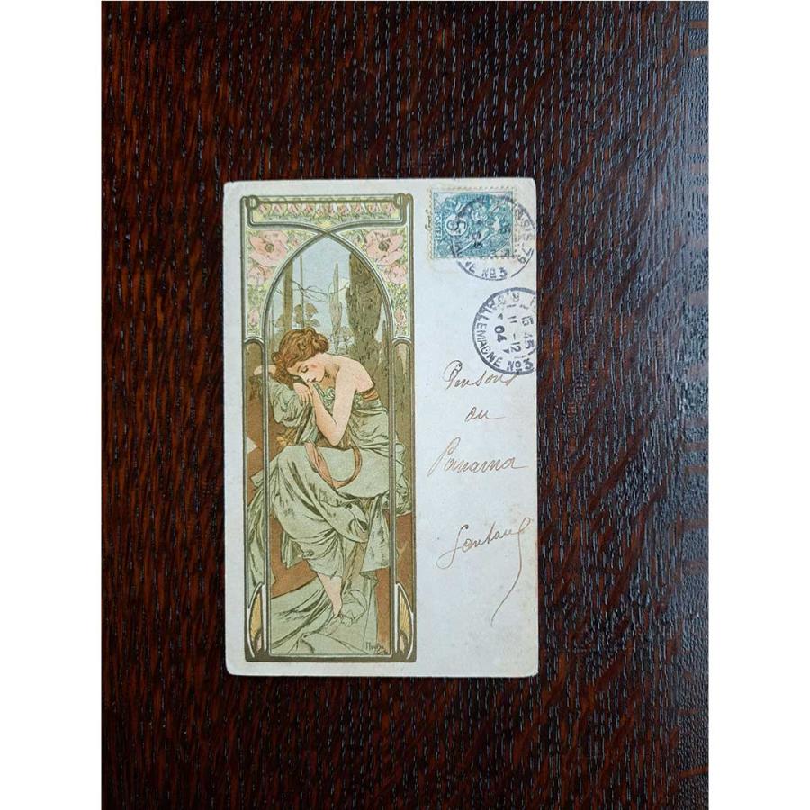 【Rivoli Antiques】アルフォンス・ミュシャ  ≪夜の安らぎ≫ 1904年消印 アンティーク絵はがきの画像