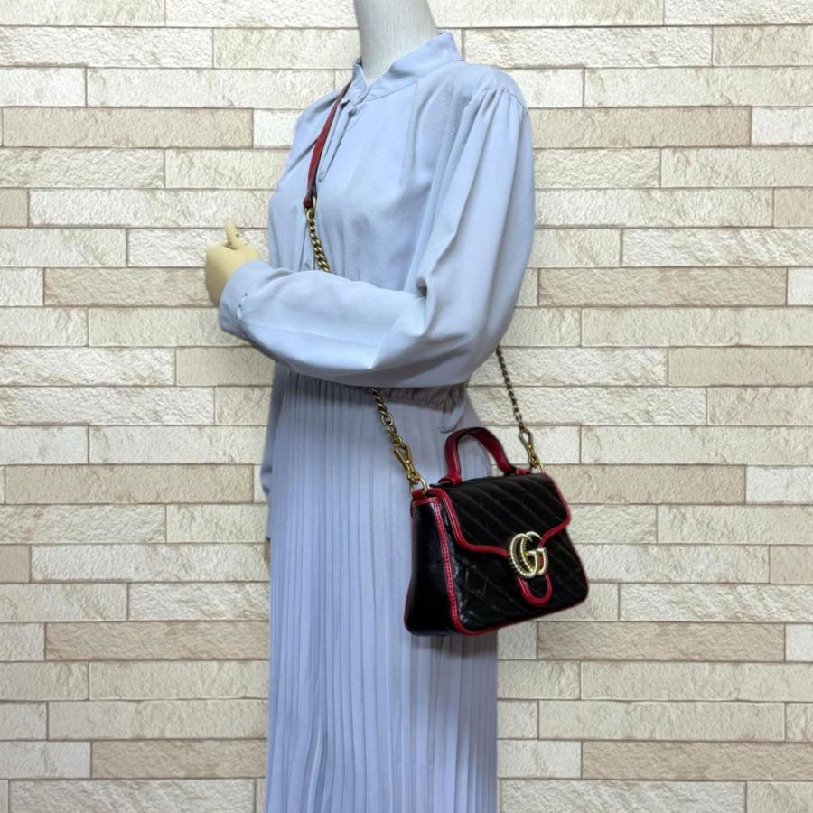 グッチ ミニトップハンドルバッグ GGマーモント ショルダーバッグ レザー 583571 ブラック レディース GUCCI  中古 GUCCI（グッチ） ミニトップハンドルバッグ GGマーモント ショルダー