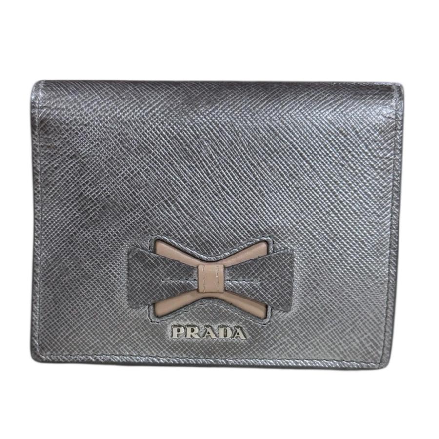 美品 PRADA プラダ 2つ折り財布 サフィアーノレザー グレー M605 PRADA プラダ 二つ折り財布 コンパクト財布 サフィアーノ レザー
