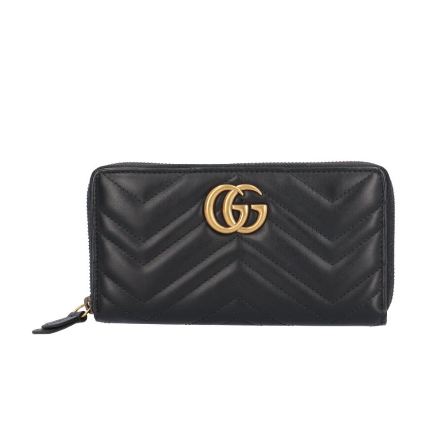 美品 グッチ 長財布 GGマーモント ブラック×ゴールド金具 カーフレザー本革 GUCCI（グッチ） ジップアラウンドウォレット GGマーモント 長財布