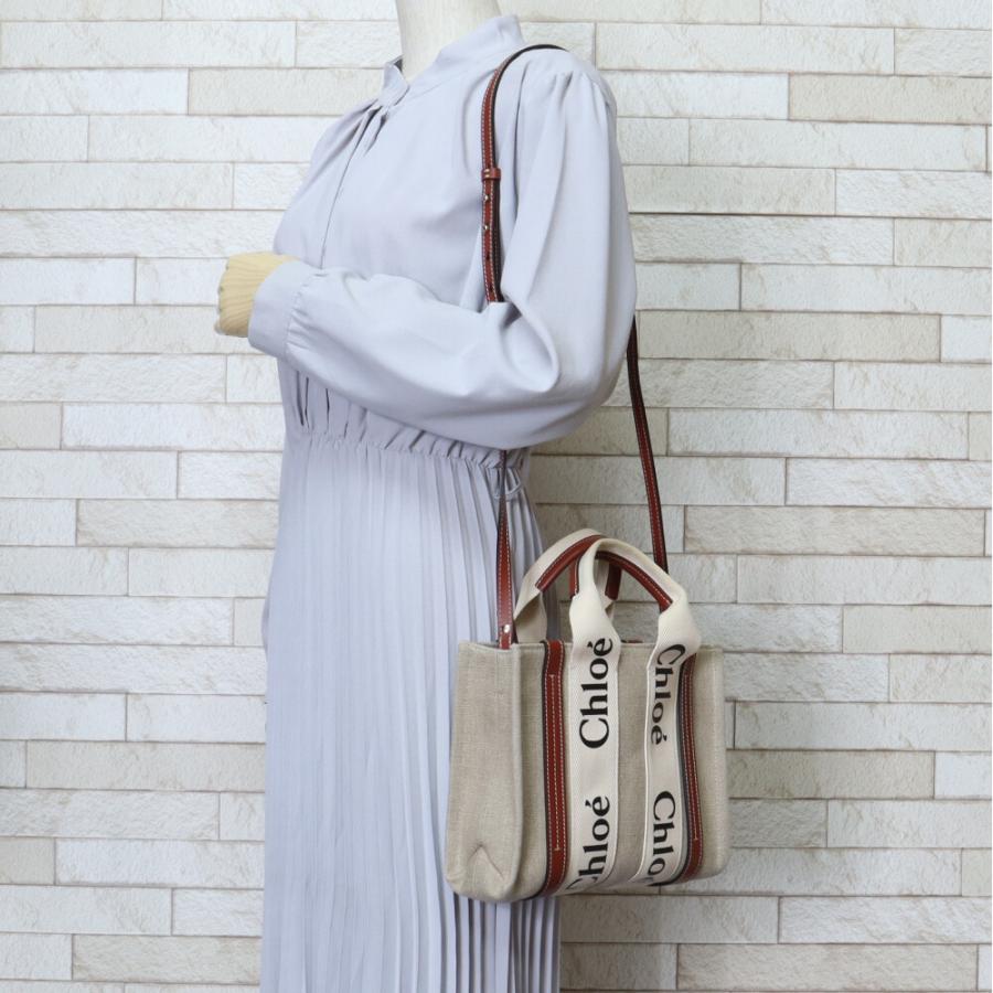 Chloe クロエ ウッディ スモールトート CHC22AS397I26 ショルダーバッグ リネンxカーフ ベージュ ムスクグレー/352108【中古】 Chloe（クロエ） スモールトートバッグ Woody ショルダーバッグ リネン